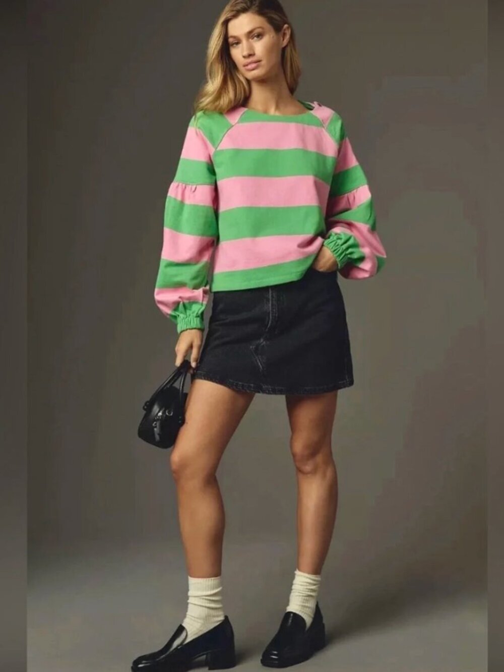 Anthropologie Maeve Pink Green Stripe Terry Sweatshirt Size XXS Preppy Academia